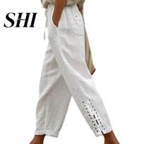 Summer Pants Mid-rise Elastic Waistband Casual Drawstring Pockets Bandage Cotton Linen Trousers Cuffs Solid Color Women Streetwear Female 3XL balta