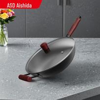 ASD Cast Iron Wok with Wooden Handle and Glass Lid