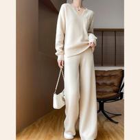 Casual Two-Piece Plus Size Wide-Leg Pants Knitwear Suit with Pockets S smėlis