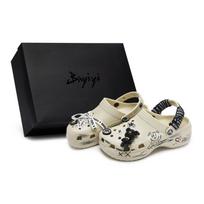 Crocs Classic Platform Clog EVA Graffiti Fashion Trend Comfort Gift Box Hole Shoes Women's Bone White and Black 34-35