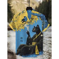Men's Japanese Style Kimono Cat Printed Linen Shirt Summer Fashionable Stand up Collar Short Sleeve S