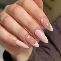 24Pcs Almond Press on Nail Heart Design French Fake Nail Acrylic False Nail,Artificial Nail Glues on Nail for Womens 1