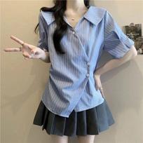 Printed women's shirt-fashionable button design-loose casual shirt L mėlyna