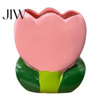 Small Item Organizer for Dressing Table Tulip Makeup Brush Holder, Resin Cosmetic Vanity Desk, Cute Flower Pen Aesthetic Desktop Ornament Cup rožinė