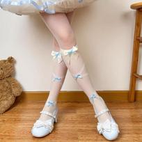 Women Sheer Dot Lace Thigh High Socks Double Bow Ultra Thin Transparent Lolita Stockings Daily Cosplay Jk Party Dress Matching One Size