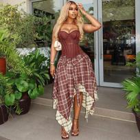 Women Corset Off Shoulder Plaid Print High Low Midi Skirt Two Piece Set Streetwear S