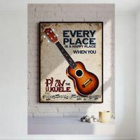 Vintage Ukulele Tin Sign 'Every Place Is A Happy Place When You Play The Ukulele' Musical Wall Art Decor for Home Cafe Bar Man C 20x30cm（7.8x11.8inch）
