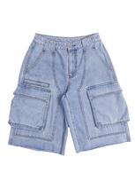 PY1051 Loose Fit Raw Hem Cargo Denim Shorts with Flap Pockets - Street Fashion Style Medium mėlyna