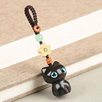 Kinų stiliaus pakabukas Mobiliojo telefono žiedas Laimingos katės pakabukas Raktų grandinėlės dirželis Sandalmedžio raižyta raktų grandinėlė Ebony Key Chain