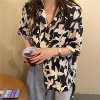 Printed women's shirt-fashionable button design-loose casual shirt L juoda