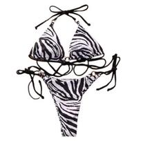2Pcs/Set Women Summer Bikini Set Halter Sling Padded Wireless Bra High Waist Lace-up Briefs Set Zebra S