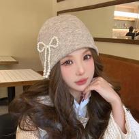 Casual Stacking Knitted Bonnet Cap Solid Color Korean Wool Hat Pearl Bow Beanies Cap  Girls chaki