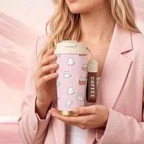 532ml Coffee Mug Box Heart Cat Element Lanyard Insulated Cup Handheld Cup Leakproof Hand Cup Large Capacity Cup Gift Cup 532ml Coffee Mug rožinė/balta