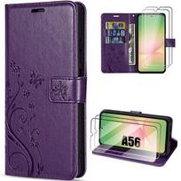 Case for Samsung Galaxy A56 5G - BOOLING - Leather Effect Pattern Plant Butterfly Dark Purple - 2 Tempered Glasses violetinė