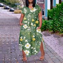 Women Floral Maxi Dress Summer Casual Short Sleeve Dress Sundress V-Neck Long Dresses With Pockets Beach Vacation XXL