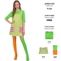 Pipi Ilgakojinės kostiumas: Geltonos ir žaliais dryžiais kombinezonas, sijonas, dviejų spalvų kojinės - Idealiai tinka Helovino ir Cosplay pasirodymams S (Adult) beige