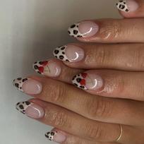 24 Pieces Set Leopard Cherries Print Press On Nail for Women and Girls DIY Short French Almond Artificial False Nail 1