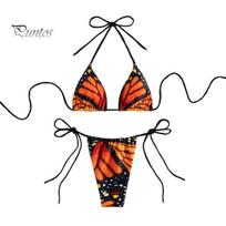 Breathable Swimwear Women Butterfly Print Bikini Set, Halter Tie Top & Side Thong, Adjustable Two Piece Triangle Swimsuit, Sexy Beach Bathing Suit for S raudona