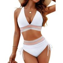 2Pcs/Set Women Bikini Set Sexy Deep V-Neck Swimming Bra High Waist Swimming Trunks S balta