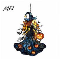 Handcrafted Witch Style Suncatcher Acrylic Suncatcher, Stained Glass Effect Window Car Hanging Ornament, Gothic Scary for Windows with Pumpkin Lantern B