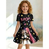 Girl K-POP Anime Idol Group Printed T-shirt Dress, Suitable for Fans and Children, Black Celebrity and Heart-shaped Casual Dress 100
