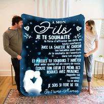 French Love Letter Flannel Blanket for Son Soft Warm Cozy Blue Throw with Heartfelt Mom Message Perfect Gift Size: 75*100cm, Weight: 230 GSM