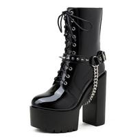 Žieminiai madingi batai Elegantiška grandinėlė Platforma Kulkšnies Batai Aukšti stambūs kulniukai Spygliuoti batai Punk Goth lakinės odos Drop Ship 35 juoda