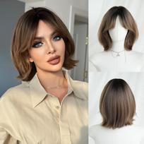 Brown Bob Wig for Women - Layered Inward Curved Air Bangs, Heat Style Trim Ready, Korean Style Age Reducing Full Cap 33cm tamsiai ruda spalva