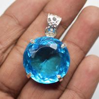Lab Created Blue Topaz Pendant Round 60.80 Ct CERTIFIED 925 Sterling Silver 23.0 mm approx mėlyna