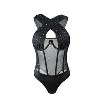 Spice Girl Diamond Mesh Splicing Chest Wrap Steel Ring Fishbone Neck Suspender Waist Rhombus Sexy onesie Women s [with steel ring and no breast pad] juoda