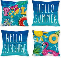 Hello Summer Pool Pillow Covers Tropical Plants 18 x 18 Inch Throw Pillows Flamingo Decorative Farmhouse Cushion Case for Sofa 4PCS