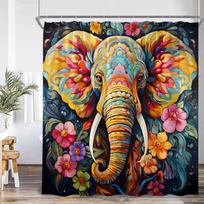 Elephant Boho Shower Curtain Mandala Colorful Flower Doodle Wild Animal Art Bathroom Decior Ethnic Indian Bath Curtain with Hook (as the picture,90x180cm-35x70in)