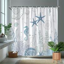 Seahorse Shower Curtain Ocean Scene Blue Starfish Coral Polyester for Coastal Bathroom with Hooks 90x180