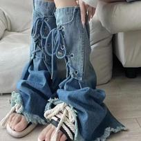 Slimming Gradient Denim Leg Warmers With Tassel Tie-Up Detail Mid-Calf Boot Socks Streetwear Casual Outfits Blue