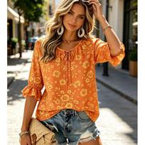 Women's Sunny Daisy Print Blouse Tie V Neck Ruffled 3/4 Sleeve Orange Loose Short Jean Matching Top S