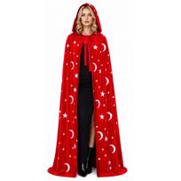 with Oversized Hood Overcoats Moon and Star Print Cosplay Costume Vintage Hooded Cape 150cm Dark Red