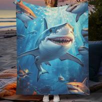 1pc Vibrant Shark Ocean Scene Flannel Blanket - Soft, Multifunctional Polyester Throw for Home Decor, Beach & Outdoor Adventures Size: 75*100cm, Weight: 230 GSM