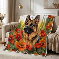 1PC Vibrant Garden German Shepherd & Poppy Thick Flannel Blanket, Soft Warm Throw, Ideal Gift for Adults Size: 75*100cm, Weight: 230 GSM