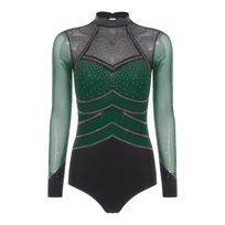 Moterų gimnastikos maudymosi kostiumas su kalnų krištolais, tinklinis, ilgomis rankovėmis, iškirpte nugaroje, sagomis tarpkojyje, spalvų blokų romperis/jumpsuitas S