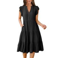 Women's Bohemian V-Neck Ruffle Sleeve Color Summer Casual Dresses M juoda
