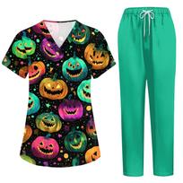 Women's Short Sleeve Costume Set with Halloween Print and Pockets - 2 Piece Top and Pants for Role Play L žalsvai mėlyna