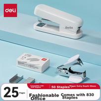 Deli No. 12 Fashion Stapler 3-Piece Set (Stapler, Staples, Staple Remover) Macaron Color Compatible with 12# Staples Office Supplies White TA359