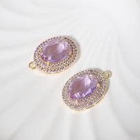 Double Halo Oval Purple Zirconia Copper Charms, Golden Plated Luxury Pendants for DIY Earring Necklace Craft Making 2 pieces violetinė