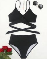 Seksualus moteriškas maudymosi kostiumas Juodas su raišteliu nugaroje Aukšto liemens Bikini Rinkinys Paplūdimio drabužiai Maudymosi kostiumai S juoda