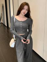 Popular two-piece wide-leg suit women's autumn and winter suit women's high-end knitted cardigan suspender glutinous rice suit S tamsiai pilka spalva