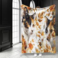 Rustic Calico Cat Print Throw Blanket - Cute Farmhouse Kitten Motif Soft Lightweight Accent for Sofa Bed Travel Office Gift Size: 75*100cm, Weight: 230 GSM