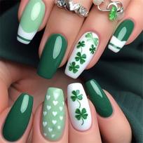 Fashionable Medium Press On Nail With Unique Green Shamrock Designs Holiday Theme Stick on Nail for Women and Girls 1