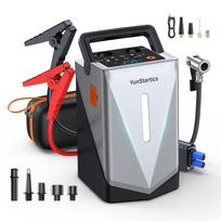 Portable 4-in-1 Jump Starter with Tire Inflator, Air Blower & Vacuum Pump, digital pressure display, anti-reverse clamps, LED lamp, slim EVA bag for GF-01G-JY003