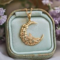 Carved Moon Dragonfly Pendant Floral gold Necklace Pendant Necklace