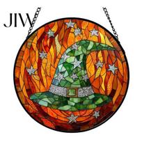 Stained Glass Style Wall Art Halloween Suncatcher Ornament, Vintage Hanging Window Decor with Pumpkin Ghost Bat Witch Retro Dark Home Hat Pattern, D